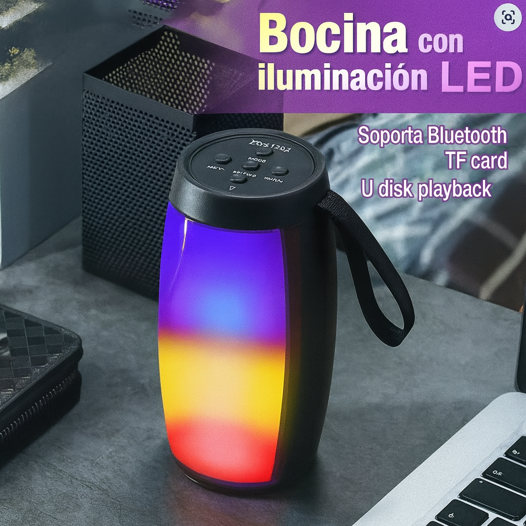 (Oferta 2x1) Bocina Resistente Agua - Bluetooth Cilíndrica Portátil USB con Luz RGB!
