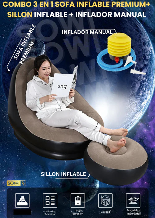 Combo 3 en 1 | Sofá Inflable Premium® + Sillón Inflable reposa pies + Inflador Manual