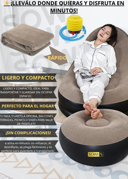 Combo 3 en 1 | Sofá Inflable Premium® + Sillón Inflable reposa pies + Inflador Manual