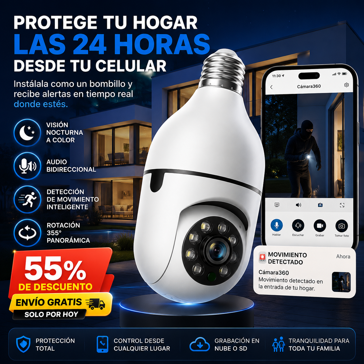 (55% DESCUENTO) Guardian360™ Cámara Bombillo WiFi con Vigilancia 360°