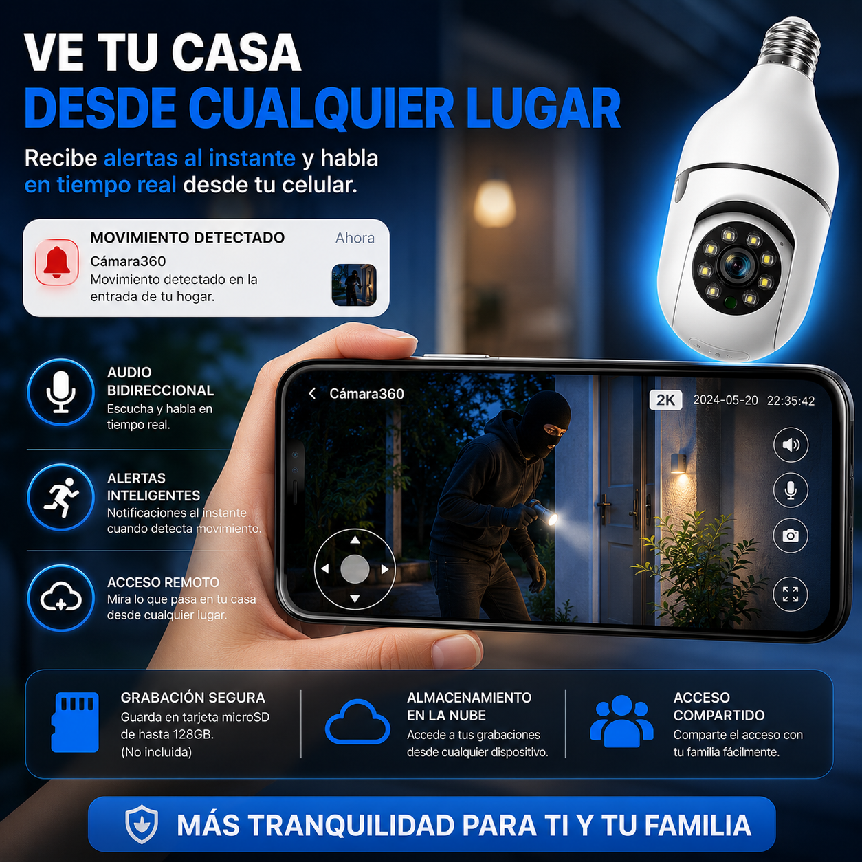 (55% DESCUENTO) Guardian360™ Cámara Bombillo WiFi con Vigilancia 360°