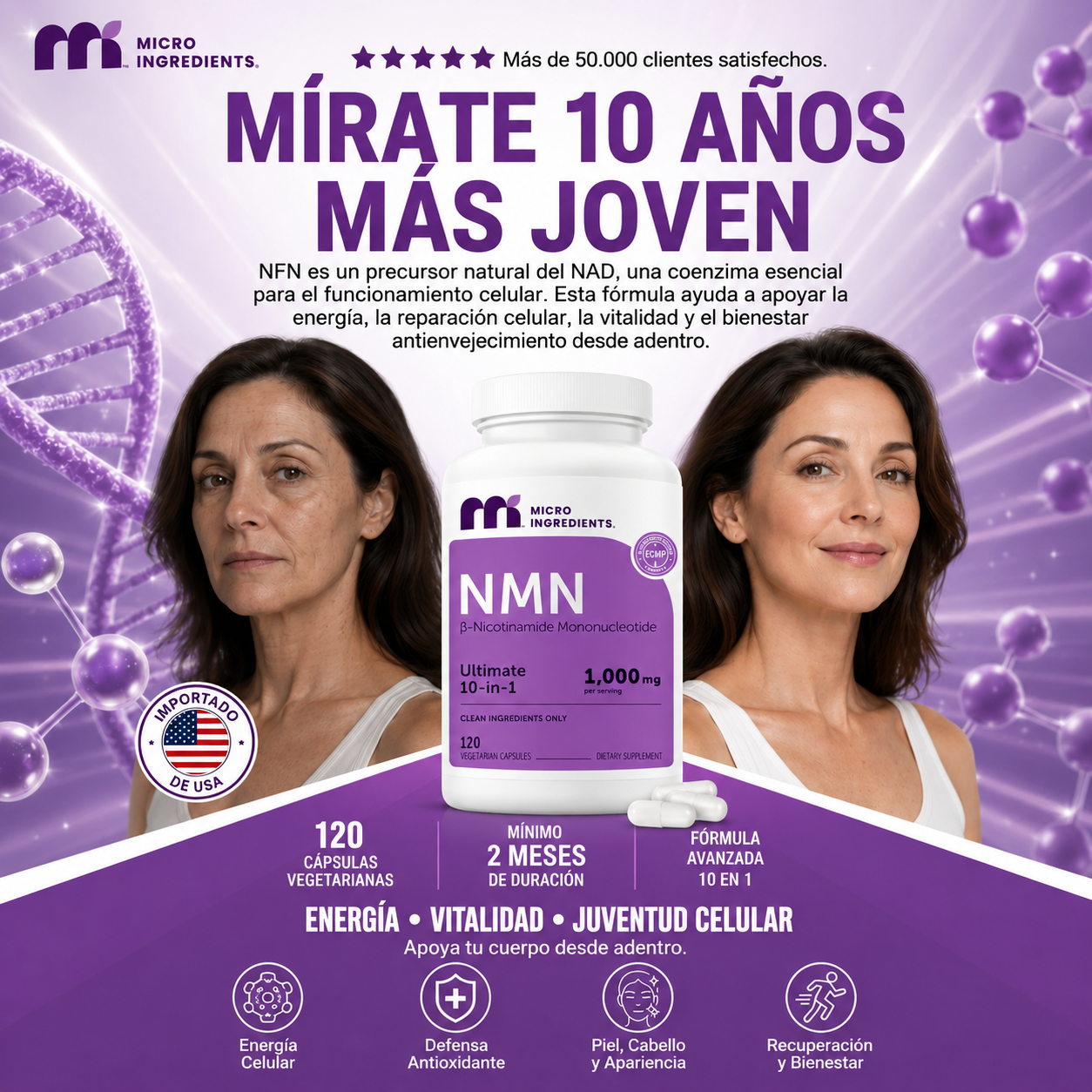 (55% DESCUENTO) NMN Rejuvenecimiento Celular 1000mg | Energía y Juventud 10 en 1