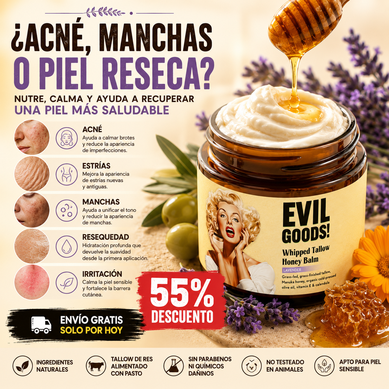(55% Descuento) Crema Hidratante Natural EVIL GOODS ORIGINAL – Adiós Acné y Piel Seca