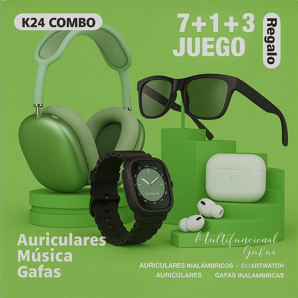 Combo K-24 audífonos, gafas y reloj inteligentes originales.. Pago contra entrega y envió gratis en Panamá....