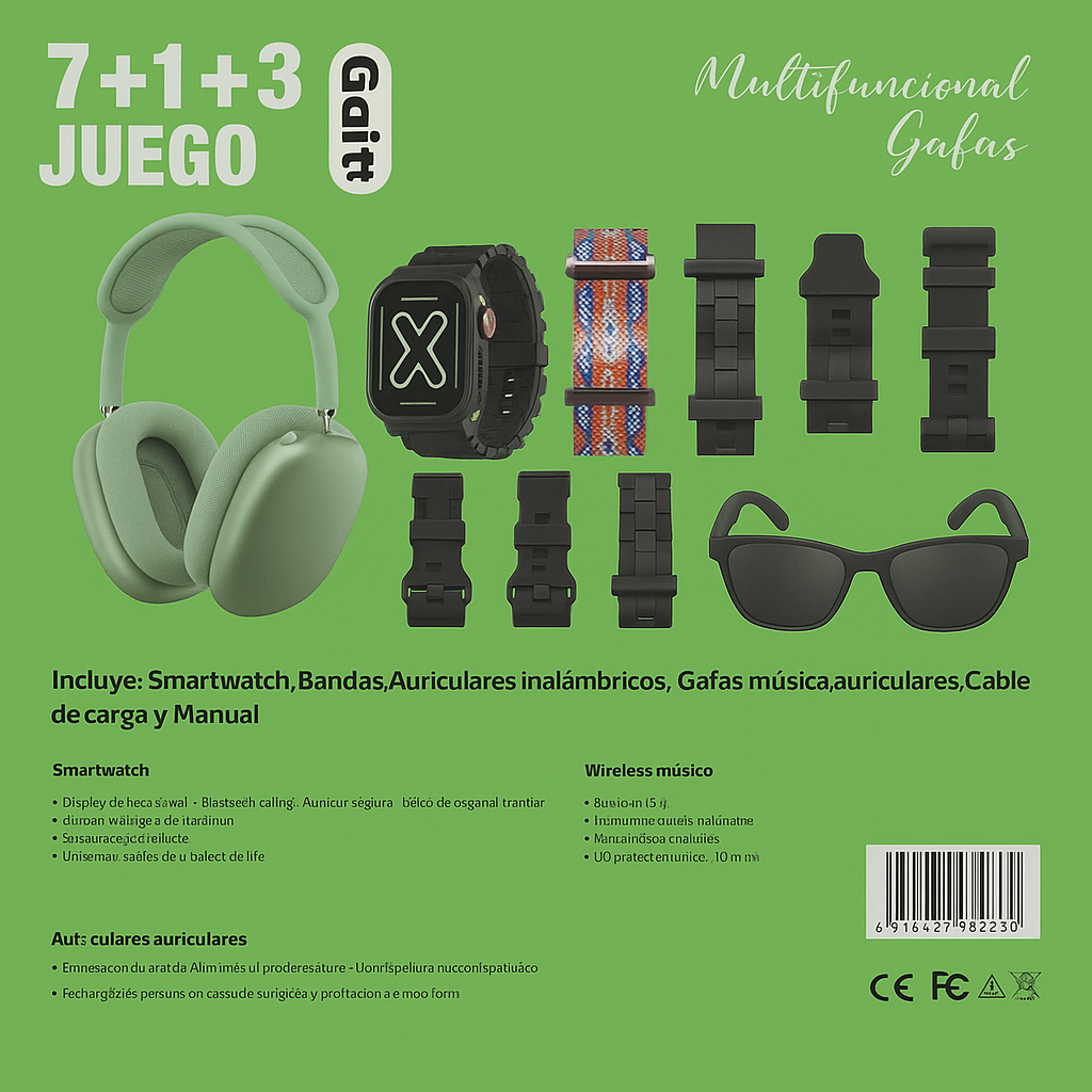 Combo K-24 audífonos, gafas y reloj inteligentes originales.. Pago contra entrega y envió gratis en Panamá....