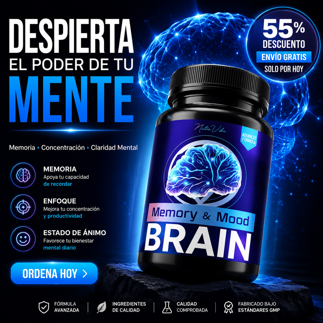 (55% Descuento) Brain Memory™ | Suplemento Avanzado para Memoria, Concentración y Claridad Mental