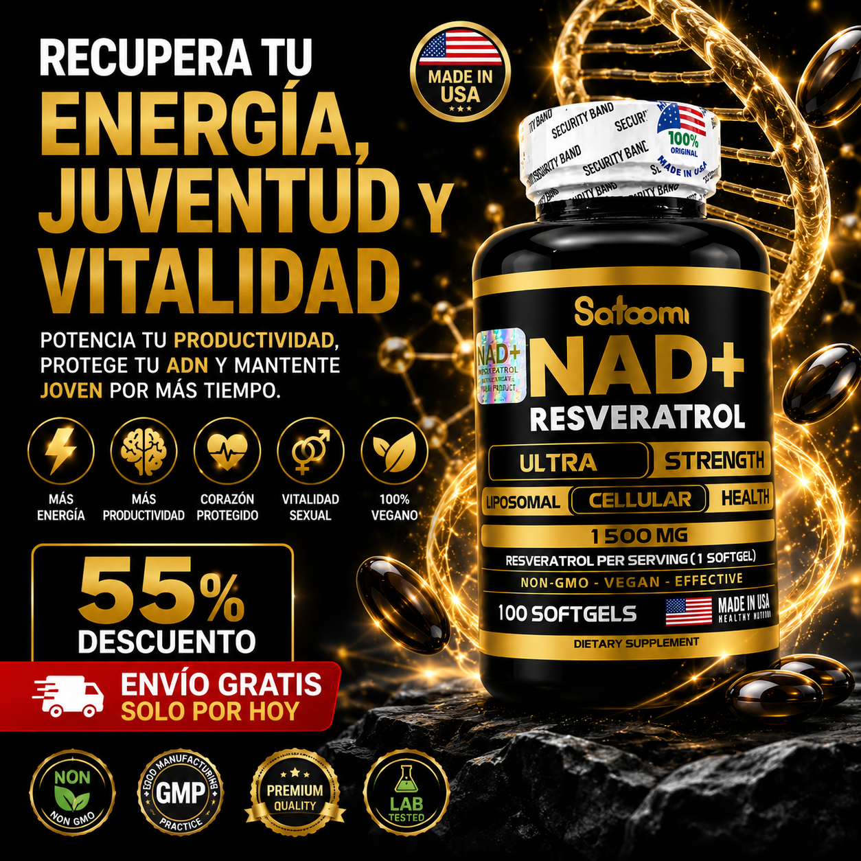 (55% DESCUENTO) NAD+ Resveratrol | Energía Brutal + Rejuvenecimiento Celular