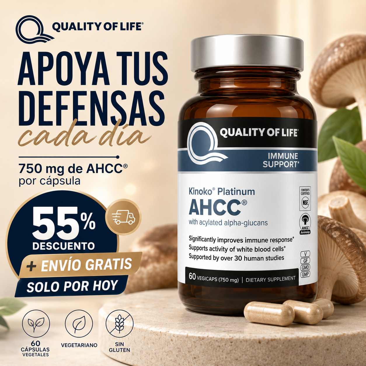 (55% DESCUENTO) Kinoko Platinum AHCC® | Apoya tus Defensas y Fortalece tu Sistema Inmunitario Natural