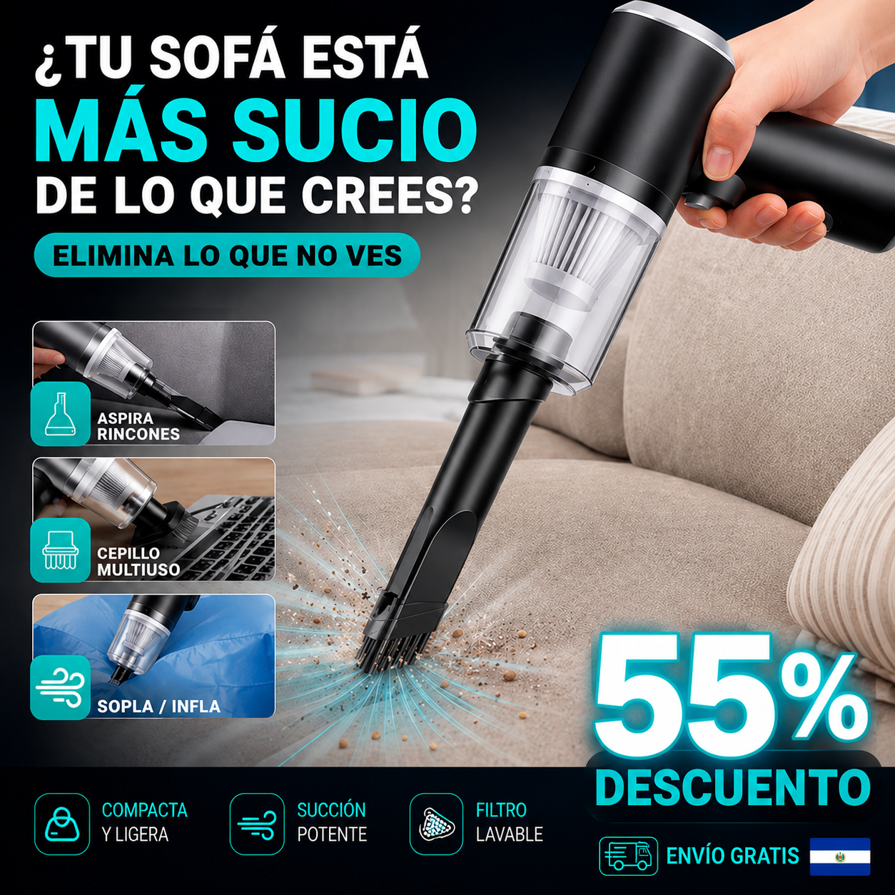 (55% DESCUENTO) Aspiradora Portátil Inalámbrica Limpieza Profunda 120W Multiusos