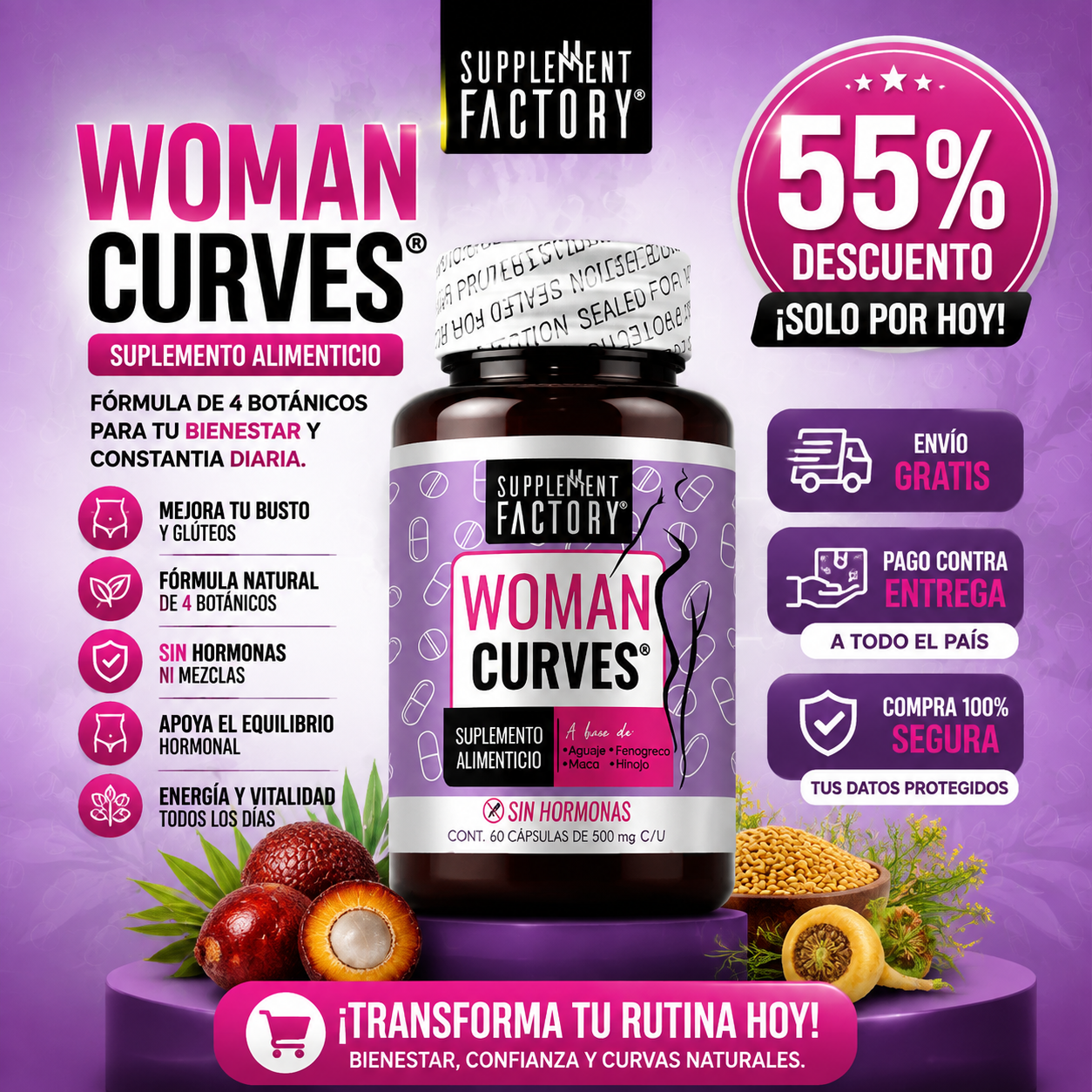 (55% DESCUENTO) Woman Curves™ | Complejo Botánico Femenino con Aguaje, Maca, Fenogreco e Hinojo para Bienestar y Confianza