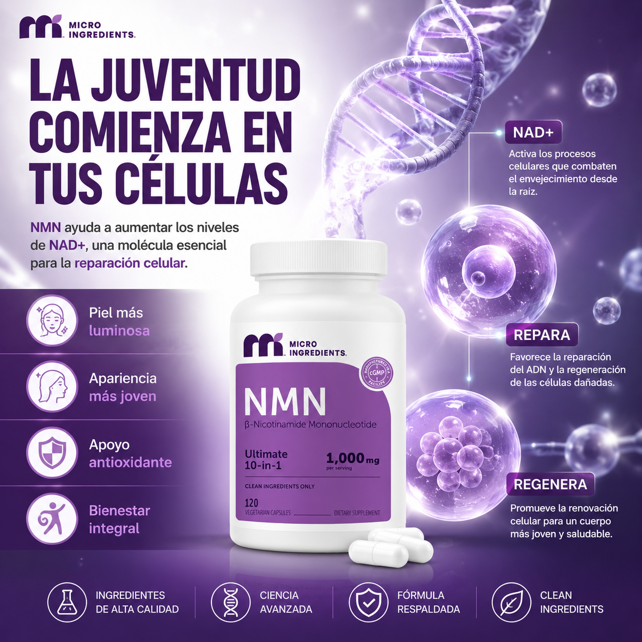 (55% DESCUENTO) NMN Rejuvenecimiento Celular 1000mg | Energía y Juventud 10 en 1