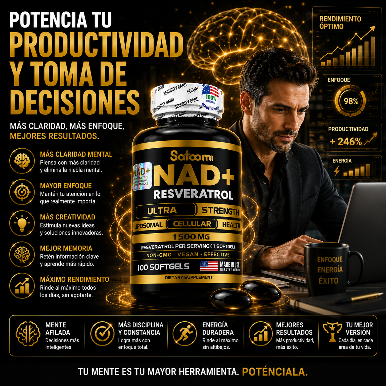 (55% DESCUENTO) NAD+ Resveratrol | Energía Brutal + Rejuvenecimiento Celular