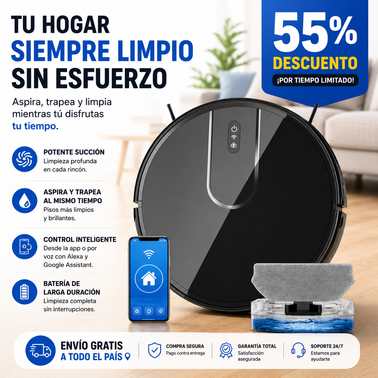 (55% DESCUENTO) SmartClean™ Aspiradora Inteligente y Barredora Automática con IA