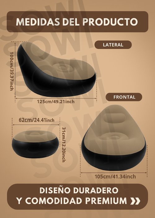 Combo 3 en 1 | Sofá Inflable Premium® + Sillón Inflable reposa pies + Inflador Manual